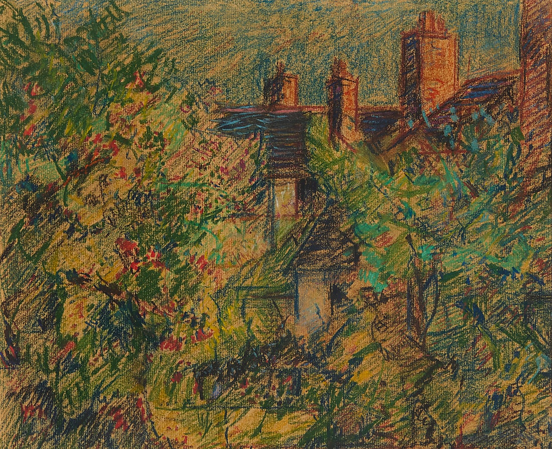 Elliott Seabrooke (1886-1950), "The House in the Trees": Elliott Seabrooke (1886-1950) "The House in the Trees" Pastel on paper Appears unsigned; inscribed with artist and title on a typewritten gallery label affixed to the frame's backing board; alternativ