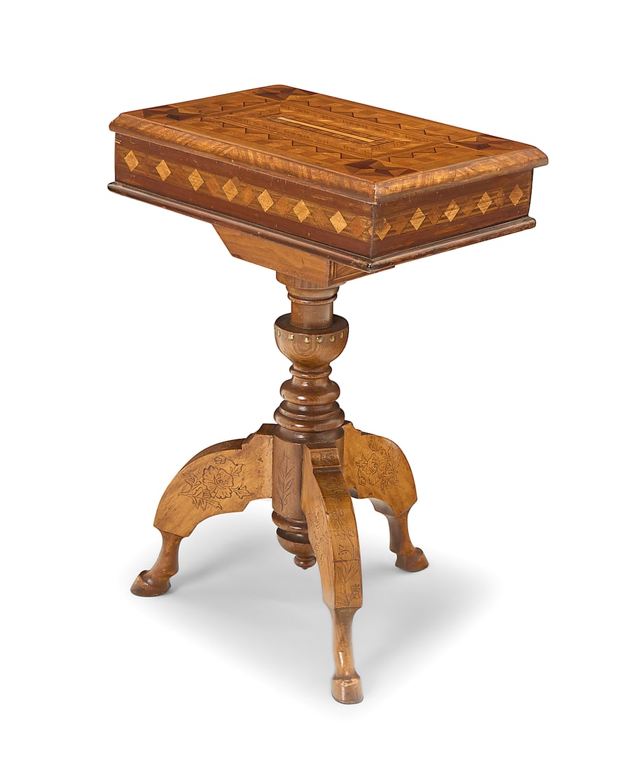 A Continental parquetry fruitwood teapoy 20th century, possibly Italian With geometric motifs to (1 of 9)