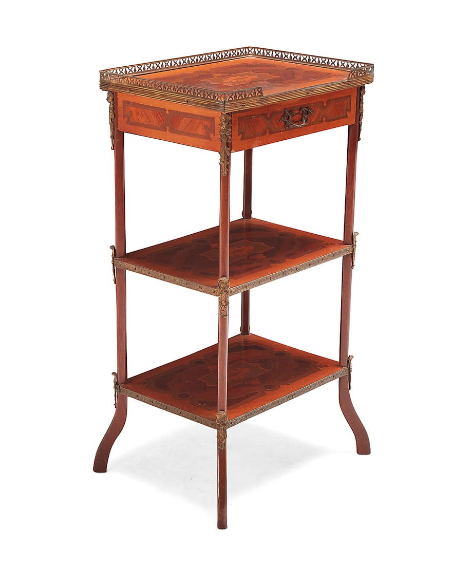 A French marquetry étagère 20th century Fitted with single drawer above two undershelves, each (1 of 7)