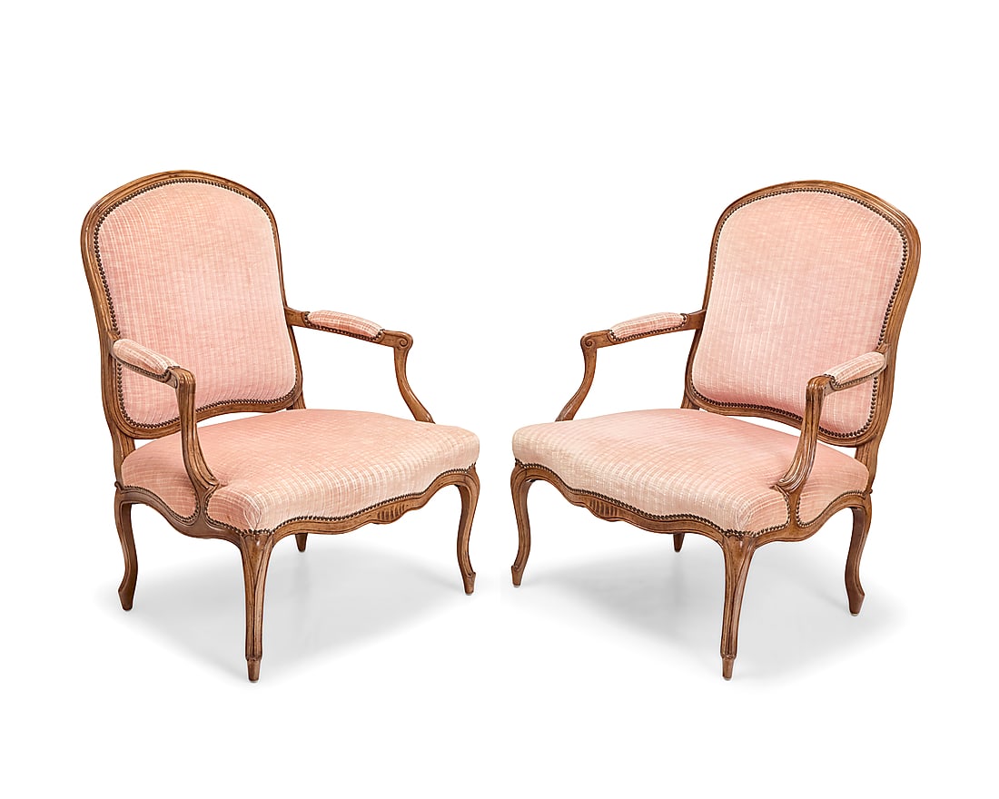 A pair of Louis XV style walnut fauteuils 20th century elements Upholstered chairs in pink velvet (1 of 11)