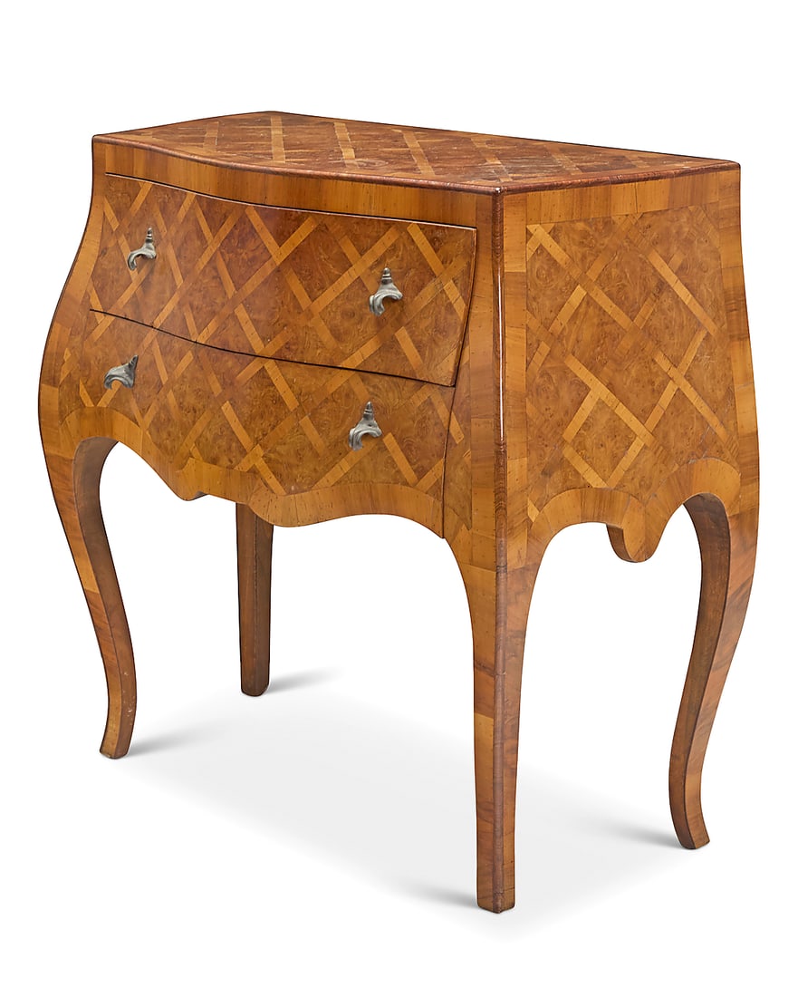 A Louis XV style parquetry commode Late 20th century With shaped front, burlwood veneer, and two (1 of 5)
