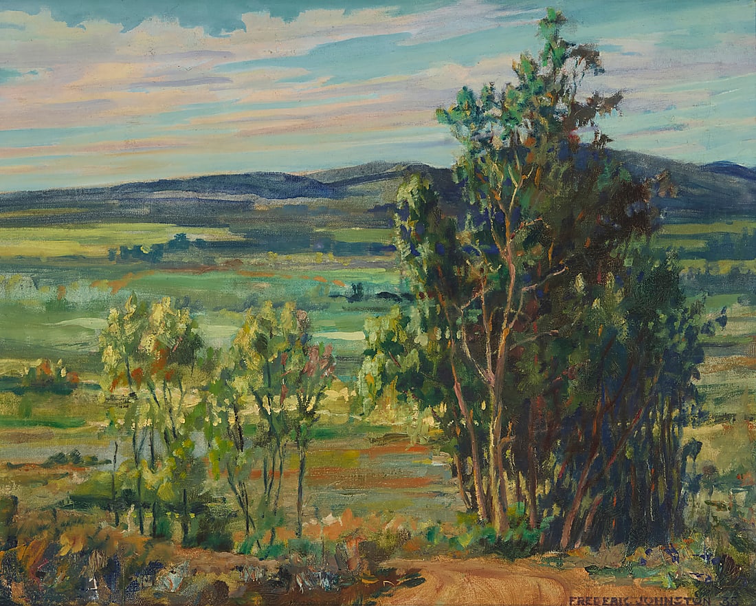 Frederic Johnston (1890-1953) "Santa Ana Valley," 1933 Oil on canvas Signed and dated lower: Frederic Johnston (1890-1953) "Santa Ana Valley," 1933 Oil on canvas Signed and dated lower right: Frederic Johnston 33; inscribed verso: Santa Ana Valley / - Frederic Johnston - 16 1/8 x 20 1/8in