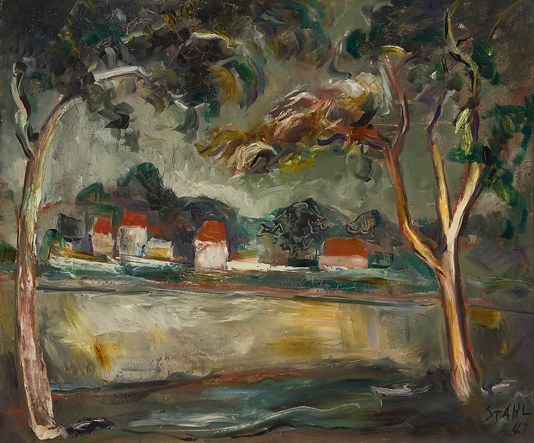 Ben Stahl (1910-1987), "Calif. Fall," 1947: Ben Stahl (1910-1987) "Calif. Fall," 1947 Oil on canvas Signed and dated lower right: Stahl / 47; signed and dated again, and titled, all in paint on the verso: "Calif. Fall / Stahl '47;" further sign