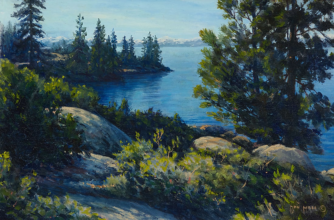 Don Miles (1912-1990) "Blue Tahoe," 1975 Oil on Masonite Signed lower right: Don Miles ©;: Don Miles (1912-1990) "Blue Tahoe," 1975 Oil on Masonite Signed lower right: Don Miles ©; titled and dated "10-'75," verso 16 x 24in Provenance: Sold: Matthew's Galleries, Lake Oswego, OR, "Fine