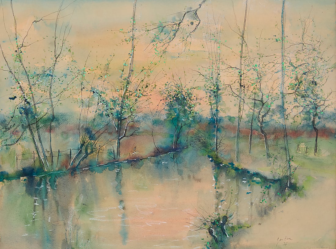 Bernard Gantner (1928-2018) Tree-lined river landscape, 1976 Watercolor on paper Signed and (1 of 7)