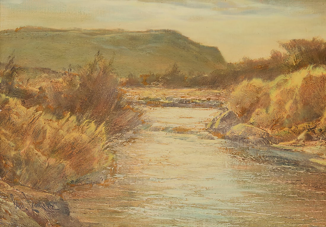 Paul Lauritz (1889-1975) A river landscape Oil on panel Signed lower left: Paul Lauritz 18 x 25: Paul Lauritz (1889-1975) A river landscape Oil on panel Signed lower left: Paul Lauritz 18 x 25 7/8in Provenance: Private estate, California