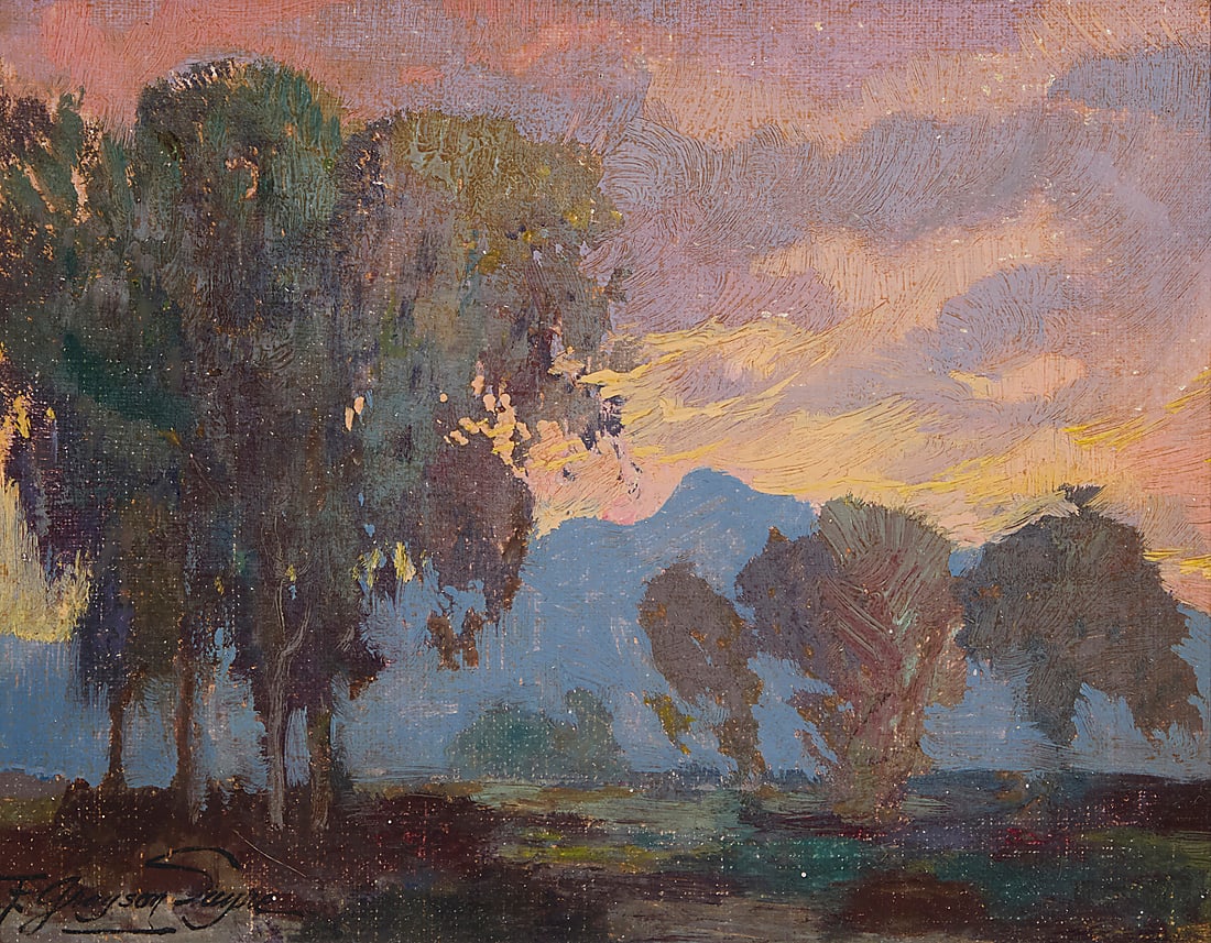 Fred Grayson Sayre (1879-1939), Eucalyptus with mountains at twilight: Fred Grayson Sayre (1879-1939) Eucalyptus with mountains at twilight Oil on board Signed lower left: F. Grayson Sayre 7 x 8 1/2in