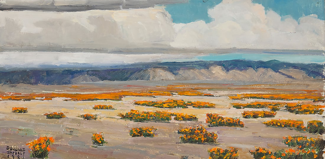 Douglas Shively (1896-1991) "Poppy Fields Near Gorman," 1981 Oil on board Signed and dated lower: Douglas Shively (1896-1991) "Poppy Fields Near Gorman," 1981 Oil on board Signed and dated lower left: Douglas / Shively / 1981; signed, titled, and inscribed in black ink, all verso: Douglas Shively 