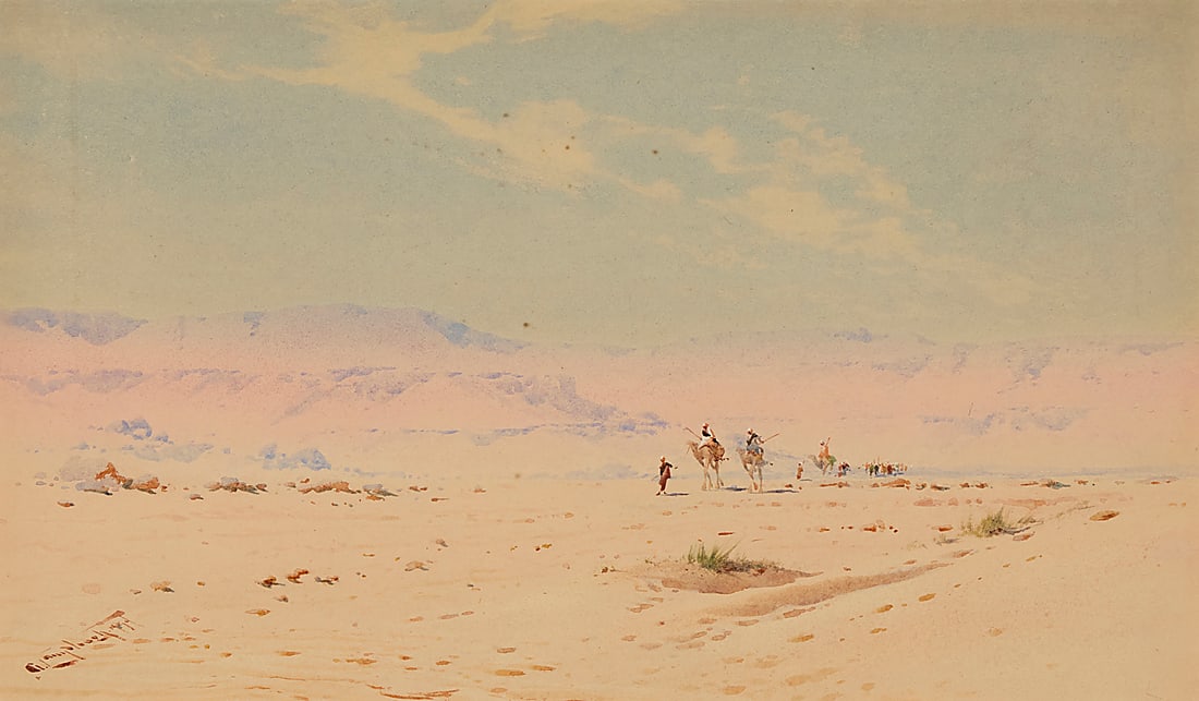 Augustus Lamplough (1877-1930) "The Libyan Desert, Egypt" Watercolor on paper Signed and: Augustus Lamplough (1877-1930) "The Libyan Desert, Egypt" Watercolor on paper Signed and indistinctly dated lower left: A. Lamplough; titled by repute Sight: 9 x 15 3/4in Provenance: Daniel Rees