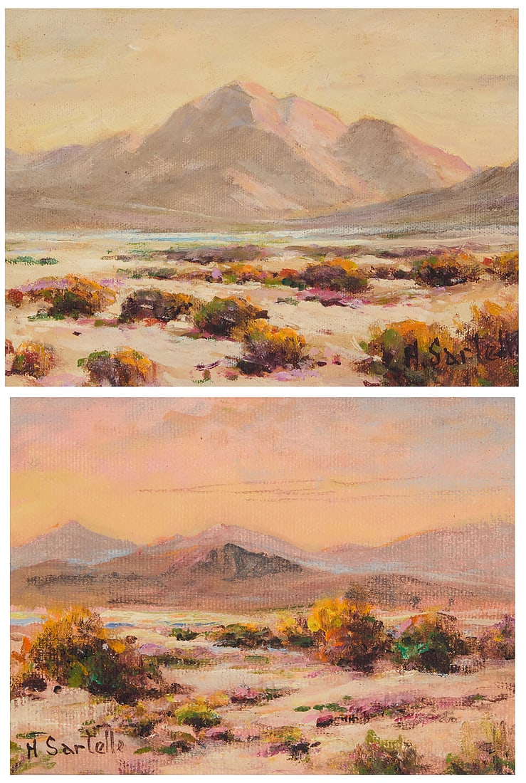 Herbert Sartelle (1885-1955) Two blooming desert landscapes Each: Oil on canvas board Each: Herbert Sartelle (1885-1955) Two blooming desert landscapes Each: Oil on canvas board Each signed in either the lower left or lower right corner: H. Sartelle Sight of each: 5 5/8 x 7 5/8in Provenance