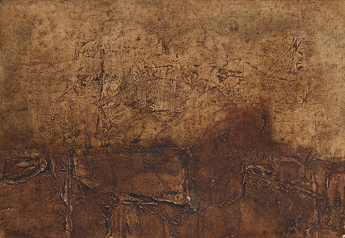 Louis Bassi Siegriest (1899-1989), "Desert Cliff," 1961: Louis Bassi Siegriest (1899-1989) "Desert Cliff," 1961 Oil and mixed media on panel Signed, titled, and dated, all verso: Siegriest 61 11 1/4 x 16 1/4in