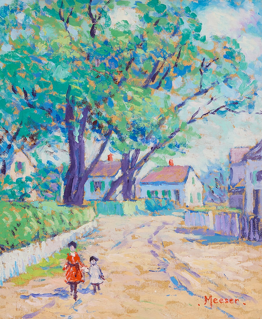 Lillian Burk Meeser (1864-1942) Cape Cod Scene, circa 1919 Oil on canvasboard Signed lower: Lillian Burk Meeser (1864-1942) Cape Cod Scene, circa 1919 Oil on canvasboard Signed lower right: Meeser; with an indistinctly inscribed postcard affixed verso 12 x 10in Provenance: Platt Fine A
