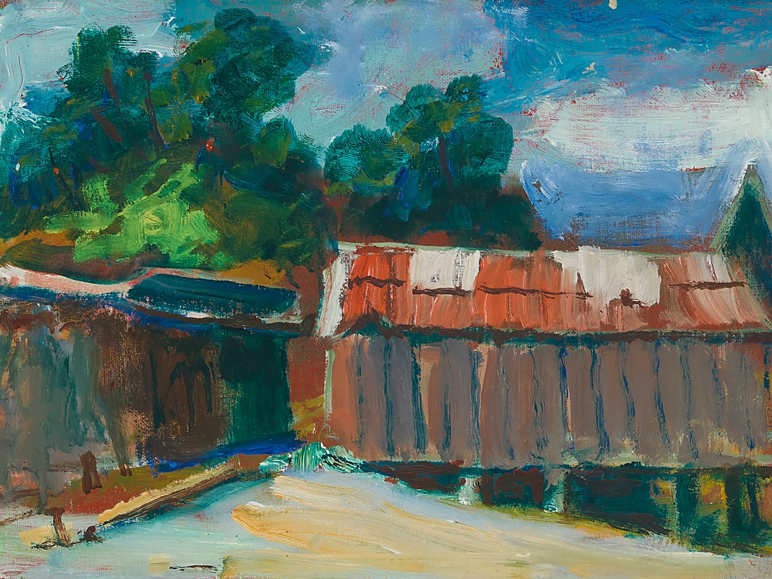 Louis Siegriest (1899-1989), "Chinese Camp #2," 1978: Louis Siegriest (1899-1989) "Chinese Camp #2," 1978 Oil on canvas Signed, titled, and dated in pencil on the stretcher: Siegriest 1978 12 x 16in Exhibited: Moraga, CA, St. Mary's College of