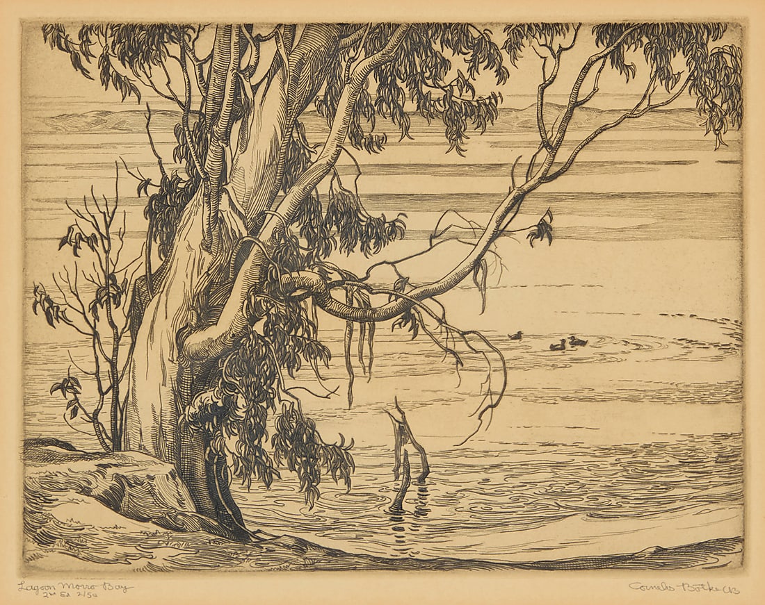 Cornelis Botke (1887-1954) "Lagoon, Morro Bay" Etching on paper Edition: 2/50 (2nd edition): Cornelis Botke (1887-1954) "Lagoon, Morro Bay" Etching on paper Edition: 2/50 (2nd edition) Estate signed and indistinctly initialed by the artist's son, William "Bill" Botke, in pencil in the lower m