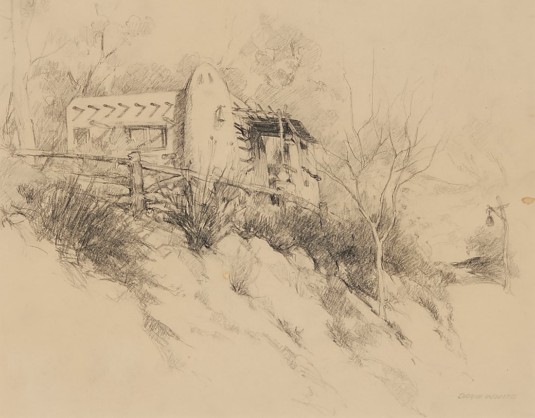 Orrin White (1883-1969) Hillside adobe home Pencil on paper Signed in pencil lower right: Orrin (1 of 5)