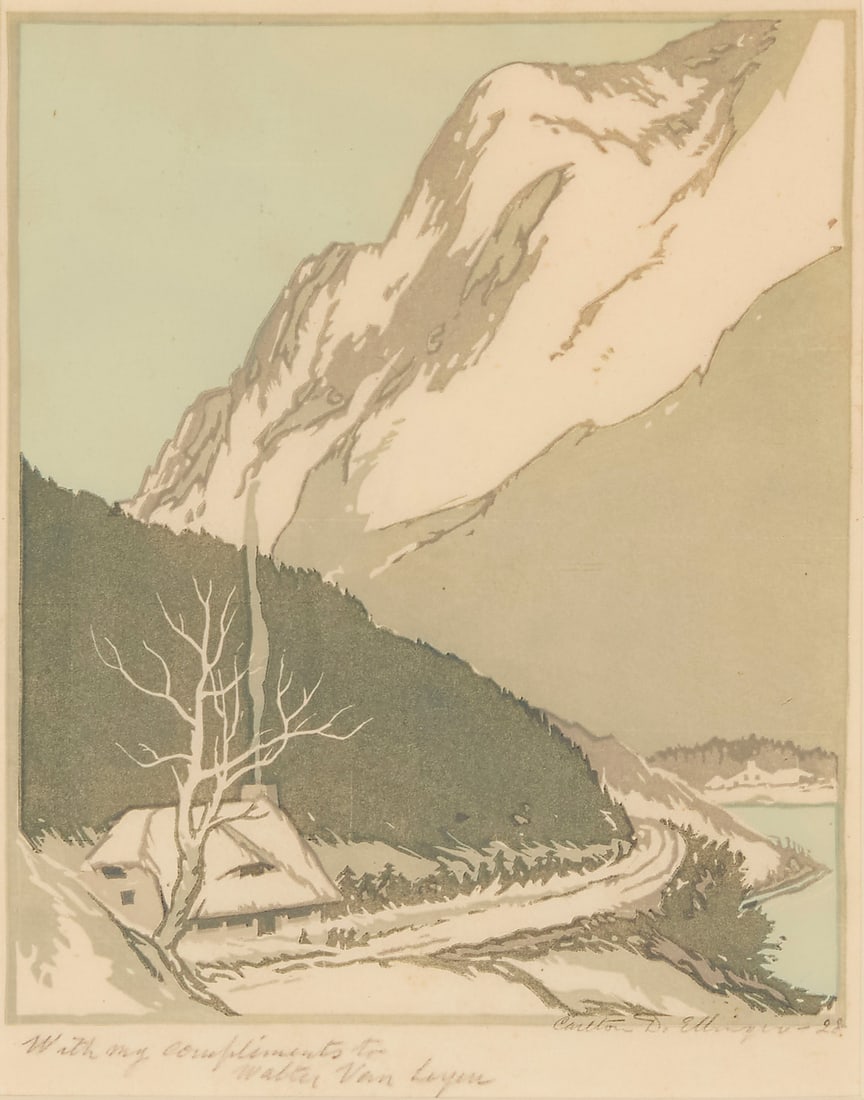 Carlton Daniel Ellinger (b. 1888) "Mountain Landscape with Cabin, Winter," 1928 Woodcut in (1 of 6)