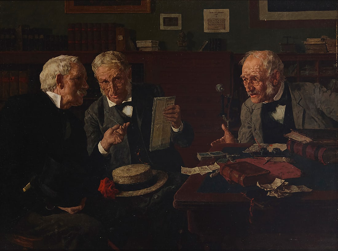 Louis Moeller (1855-1930) Three men at a table Oil on canvas laid to canvas Appears unsigned 18: Louis Moeller (1855-1930) Three men at a table Oil on canvas laid to canvas Appears unsigned 18 1/2 x 24 1/2in Provenance: Private estate, California