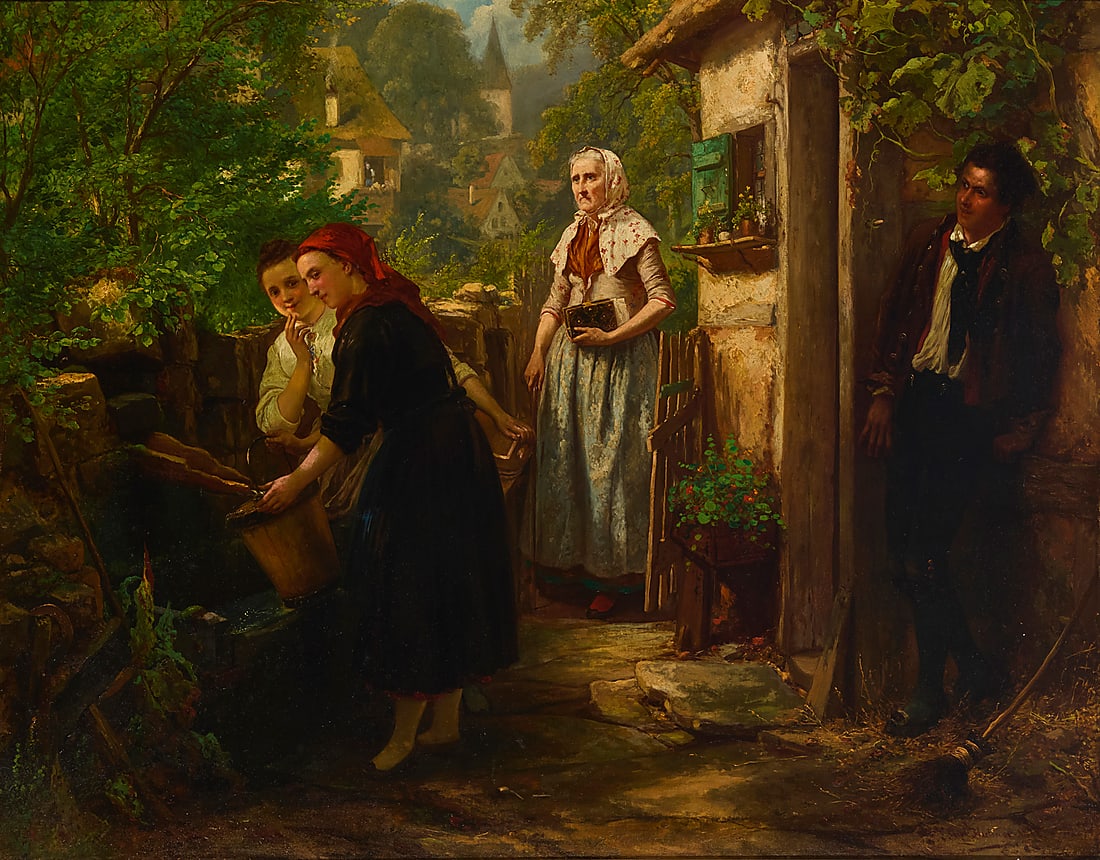 Carl Hubner (1814-1879) Figures in a garden, 1870s Oil on canvas laid to waxed canvas Signed and: Carl Hubner (1814-1879) Figures in a garden, 1870s Oil on canvas laid to waxed canvas Signed and partially illegibly dated lower right: Carl Hubner 187[*] 33 1/4 x 42 1/4in Provenance: Private e