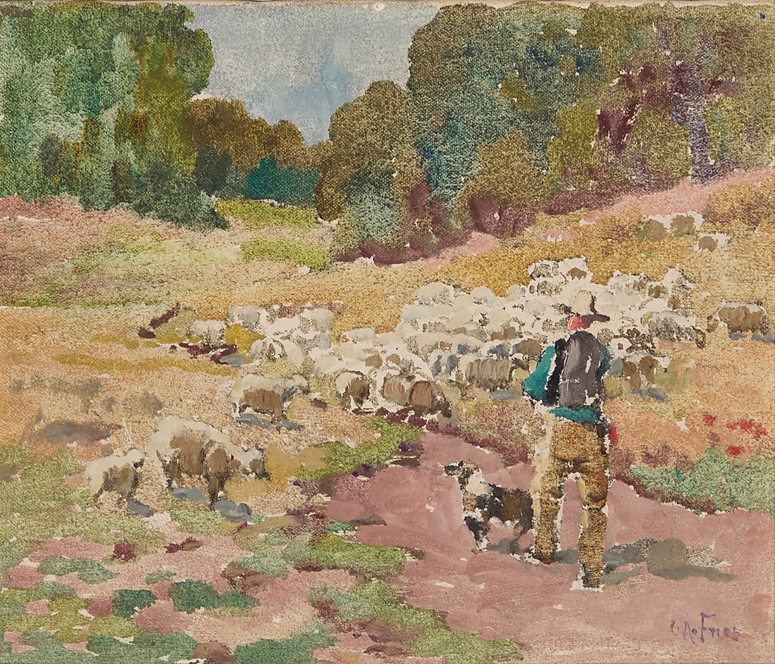 Charles Arthur Fries (1854-1940) "Hillside Pasture," 1925 Oil on canvas Signed lower right: C.A.: Charles Arthur Fries (1854-1940) "Hillside Pasture," 1925 Oil on canvas Signed lower right: C.A. Fries; titled and numbered "#1183" verso 9 1/8 x 10 3/4in Literature: B.F. Dixon, ed., "Too Late: