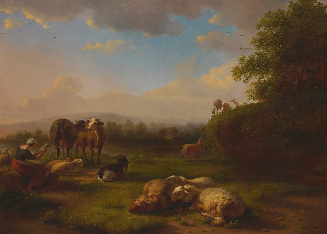 Balthasar Paul Ommeganck (1755-1826) "Pastoral Scene" Oil on cradled panel Signed lower left:: Balthasar Paul Ommeganck (1755-1826) "Pastoral Scene" Oil on cradled panel Signed lower left: B.P. Ommeganck; signed, titled, and inscribed indistinctly "Pastoral Scene / P. Ommeganck / Brussels / [**