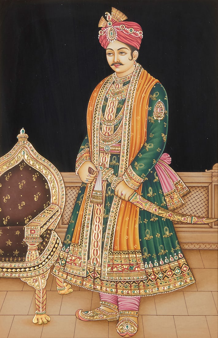 A Contemporary Indian Miniature Painting Portrait of a royal Pigments (possibly watercolor), and (1 of 4)