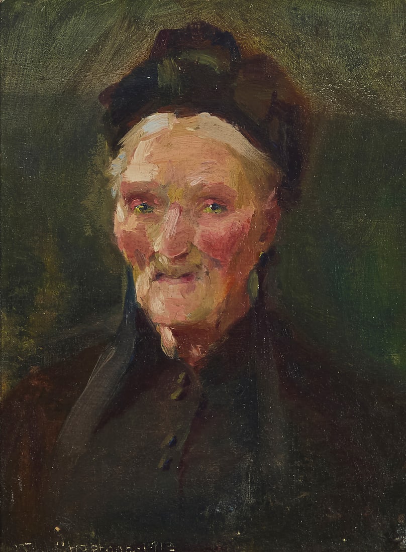 Minerva Josephine Chapman (1858-1947) Portrait of an elderly woman, 1912 Oil on board Signed and: Minerva Josephine Chapman (1858-1947) Portrait of an elderly woman, 1912 Oil on board Signed and dated lower left: M.J. Chapman 1912 9 3/4 x 7 3/8in