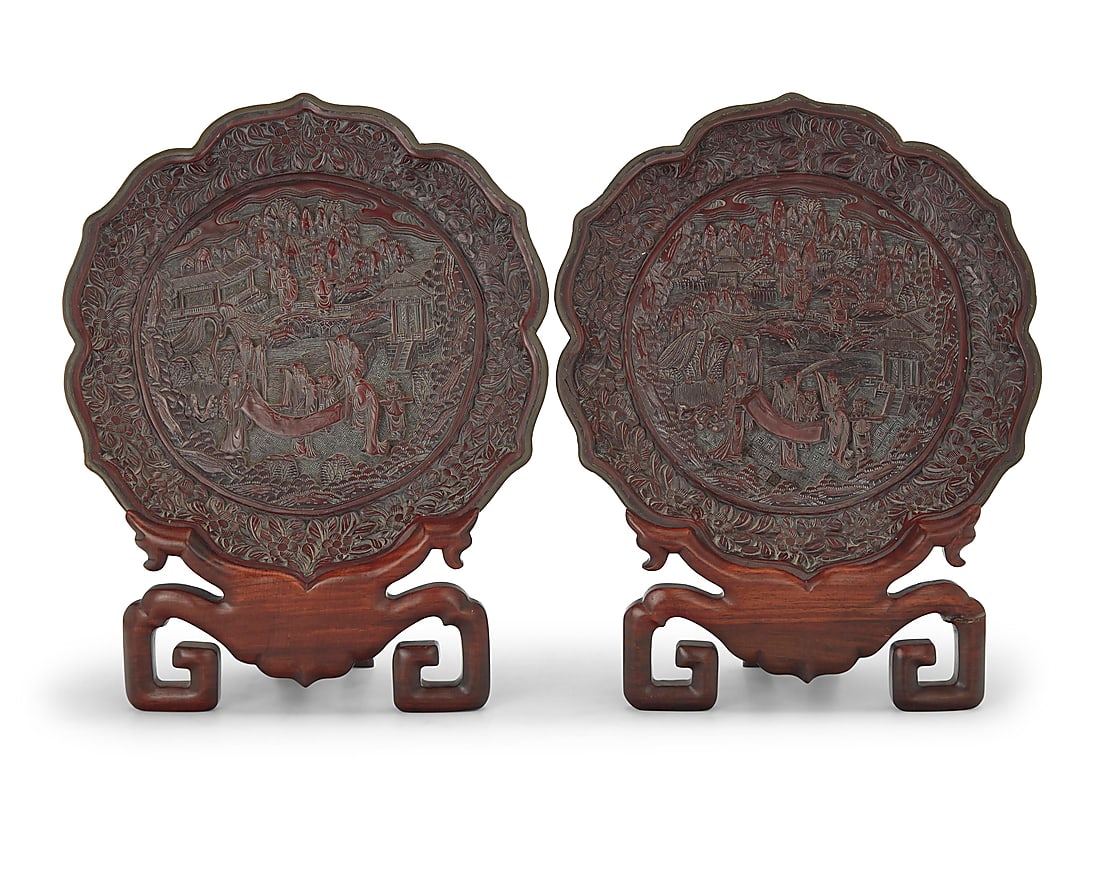 A pair of Chinese cinnabar style trays 20th century or earlier Each carved with maker's mark verso (1 of 5)