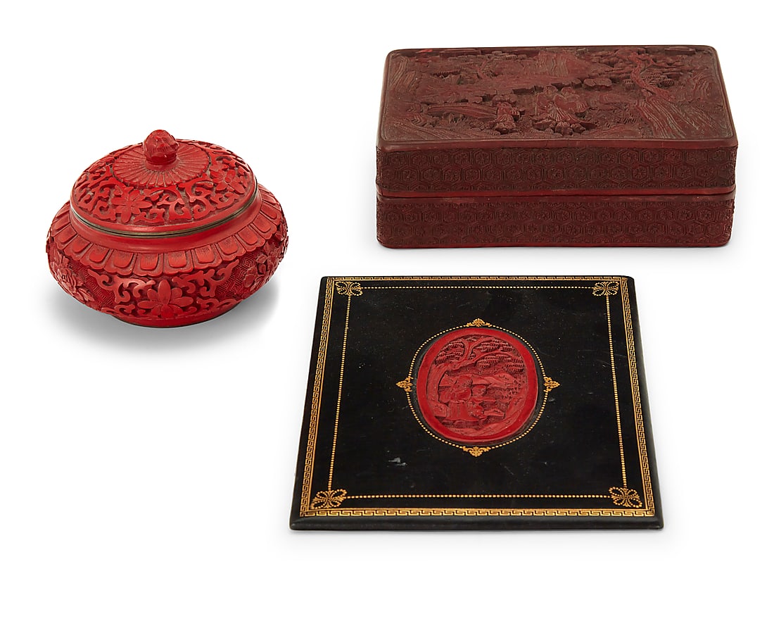 Three Asian cinnabar style items 20th century Comprising a rectangular wood and lacquer lidded box (1 of 3)