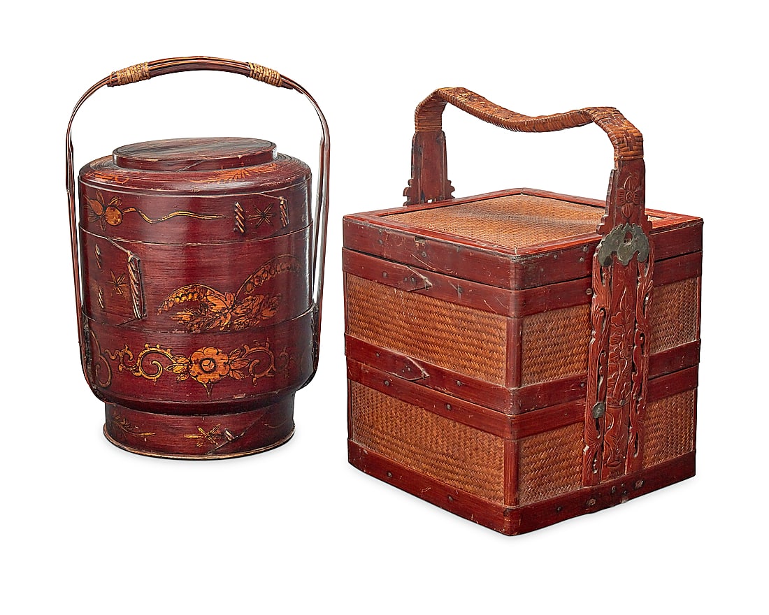 Two Chinese lunch baskets Late Qing Dynasty (1644-1912) or later Each two-compartment stacking: Two Chinese lunch baskets Late Qing Dynasty (1644-1912) or later Each two-compartment stacking basket with carved wood and woven reed handle, comprising a round basket painted with foliate motifs and 