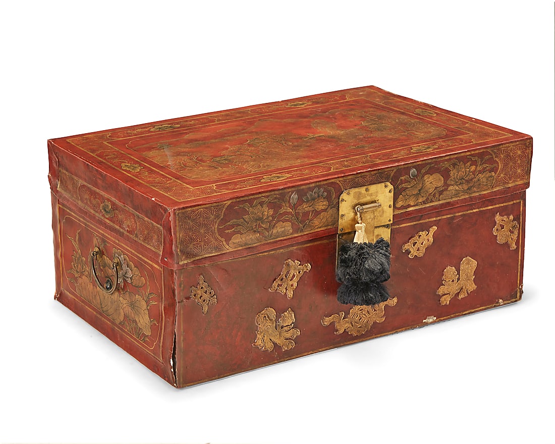 A Chinese pig chest Late Qing Dynasty (1644-1912) or later The red lacquered pigskin chest with (1 of 6)