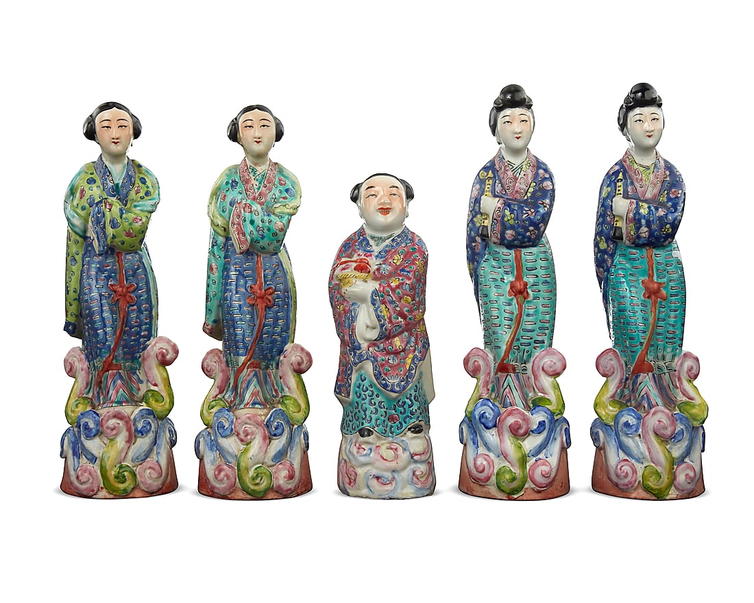 Five Chinese polychrome porcelain figures Early/mid-20th or later Most impressed: CHINA; two (1 of 8)