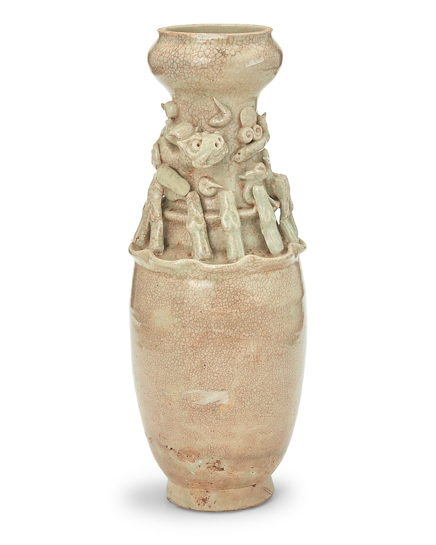 A Chinese celadon glazed pottery hunping funerary urn Song/Yuan Dynasty (960-1368) or later: A Chinese celadon glazed pottery hunping funerary urn Song/Yuan Dynasty (960-1368) or later Applied with a border of twelve standing figures and a striding dragon in relief around the neck 12.5" H x