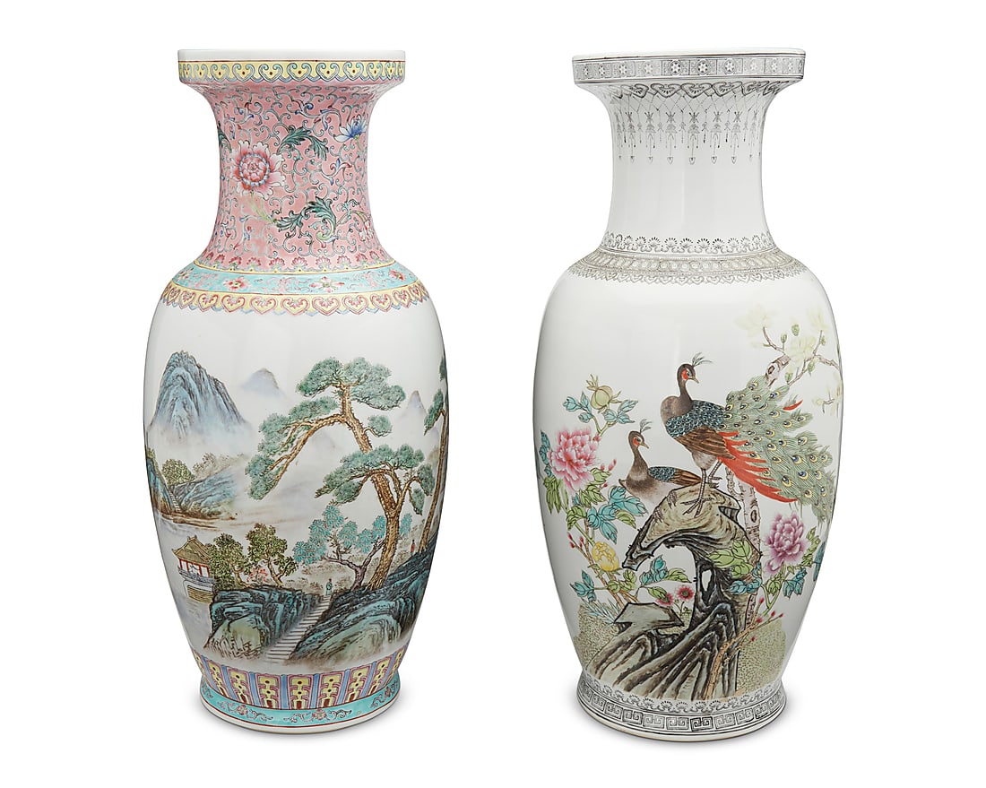 Four Chinese Famille Rose porcelain vases 20th century Three with Jingdezhen marks; one bearing an (1 of 15)