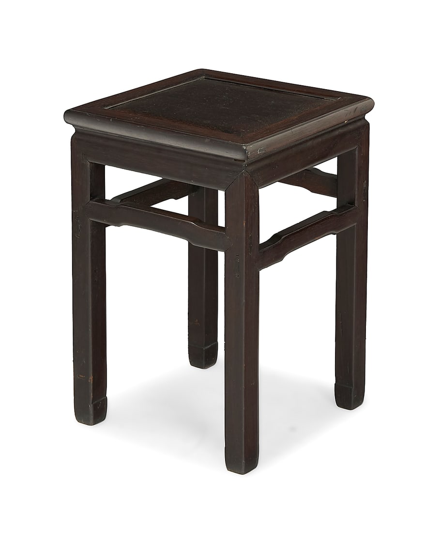 Y A Chinese carved rosewood stool Late Qing Dynasty/early Republic Period (1880-1930) The square: Y A Chinese carved rosewood stool Late Qing Dynasty/early Republic Period (1880-1930) The square table supported on four straight legs, joined by a shaped apron and stretchers 20.5" H x 13.5" W x 13.5