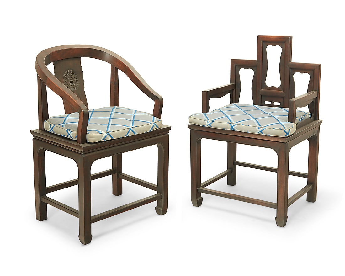 Two Modern chinoiserie hardwood chairs: Two Modern chinoiserie hardwood chairs 1963 Each with burn marked signature and date to underside: R. Westcott / Maker Comprising one horseshoe chair and one with a stepped back, each with fabric