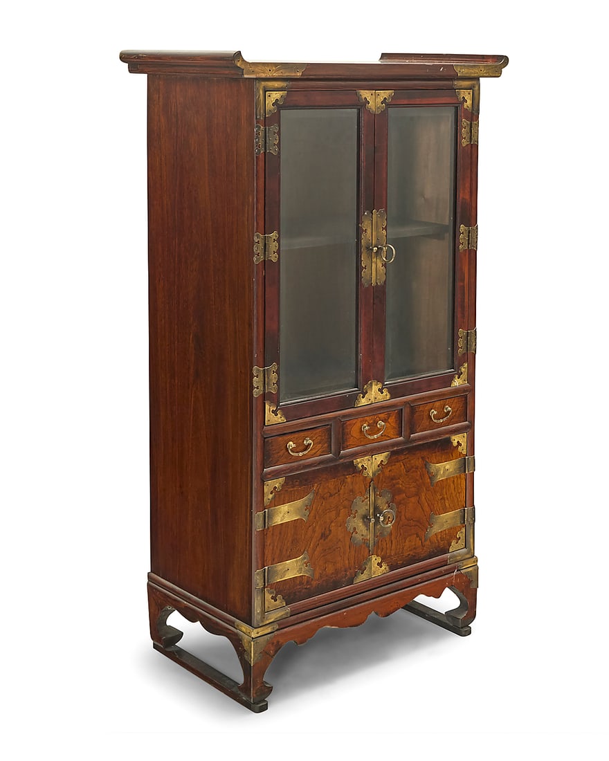 A Chinese style wood display case 20th century With brass hardware and glazed cabinet doors (1 of 9)