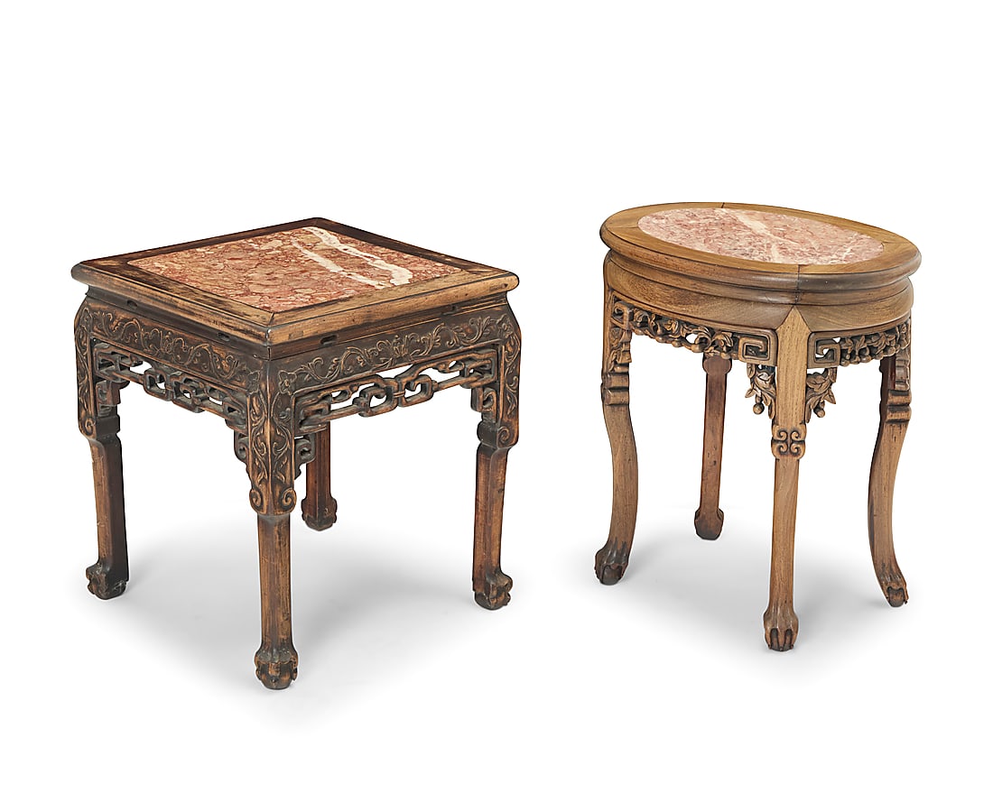 Two Chinese carved hardwood and marble low tables 20th century Comprising one oval and one square, (1 of 7)