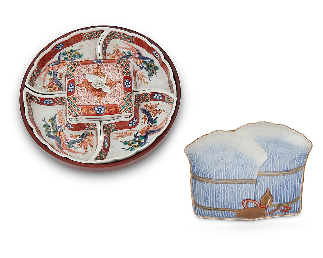 An assembled group of Japanese ceramics Mid/late 20th century One reading "Kutani" to base: An assembled group of Japanese ceramics Mid/late 20th century One reading "Kutani" to base Comprising a lidded porcelain box with high relief floral lid, painted with geometric motifs, the interior ce