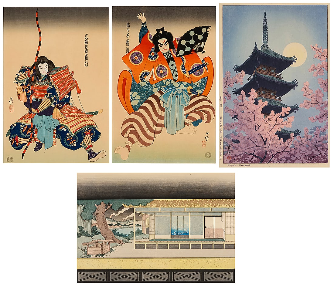 Three woodblock prints Kasamatsu Shiro (1898-1992) Pagoda, Ueno Park, 1923 Woodblock in colors on (1 of 20)