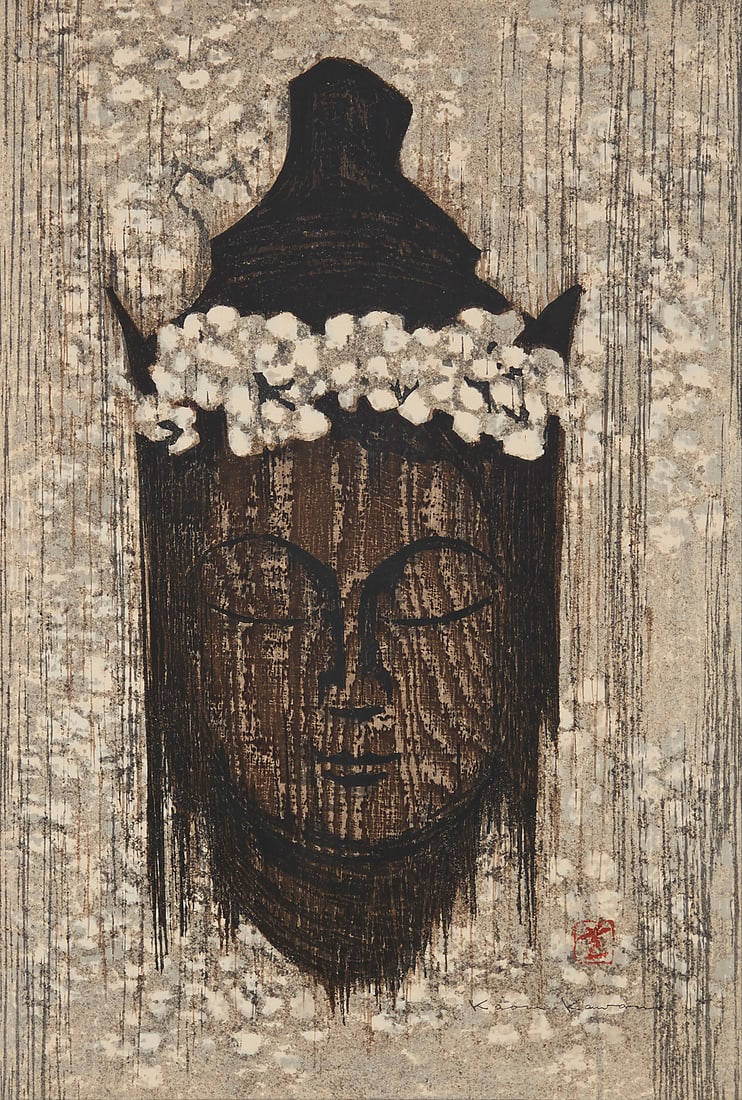 Kaoru Kawano (1916-1965) "Buddha with Flower" Woodblock print on paper From the edition of 300: Kaoru Kawano (1916-1965) "Buddha with Flower" Woodblock print on paper From the edition of 300 Signed with the artist's red in chopmark lower right: Kaoru Kawano; signed in Japanese and titled on a la