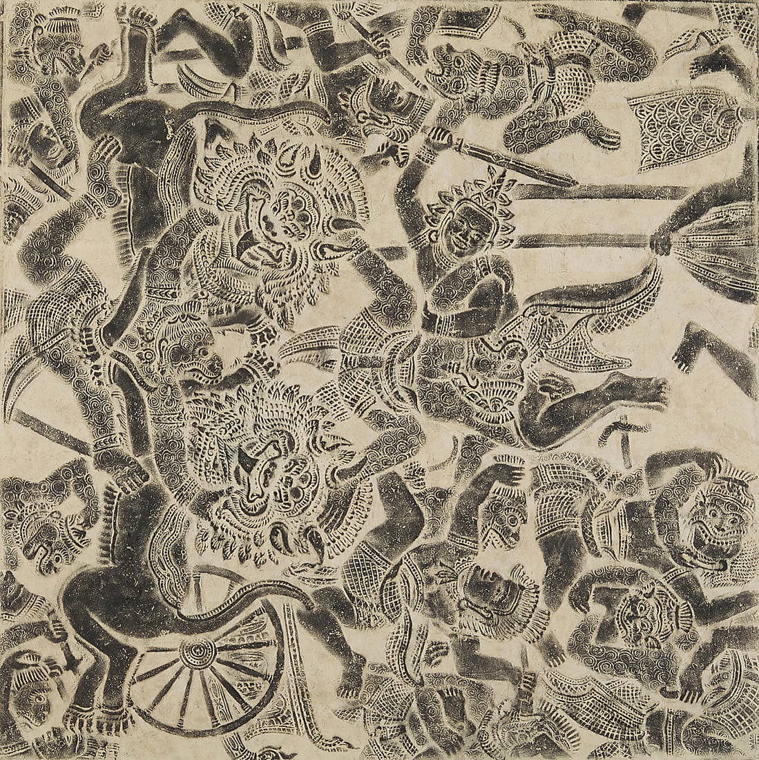 A Southeast Asian rubbing 19th/20th century, likely Balinese Depicting a scene from a Hindu epic (1 of 4)