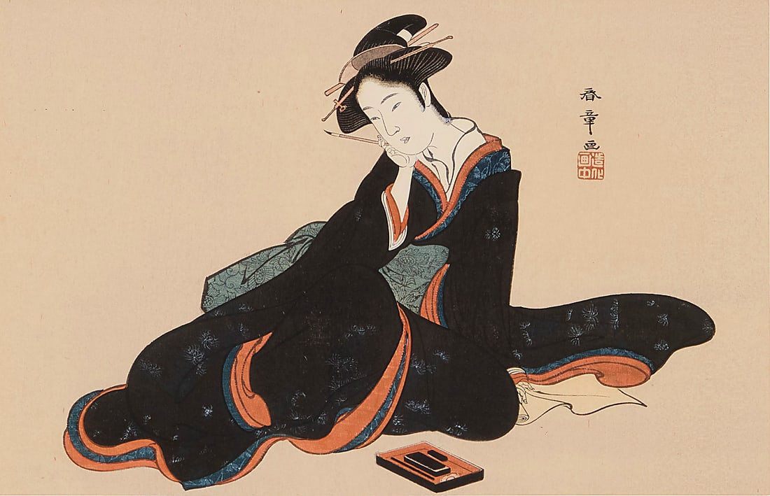 Shunsho Katsukawa (1726-1792) "A Beauty" Woodcut in colors on paper From the edition of unknown: Shunsho Katsukawa (1726-1792) "A Beauty" Woodcut in colors on paper From the edition of unknown size and date With the printed black ink signature in Japanese and the artist's red ink chopmark, upper 