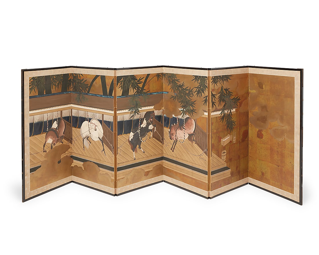A Japanese six panel byobu screen 20th century The painted and gilt rice paper screen in a wood (1 of 8)