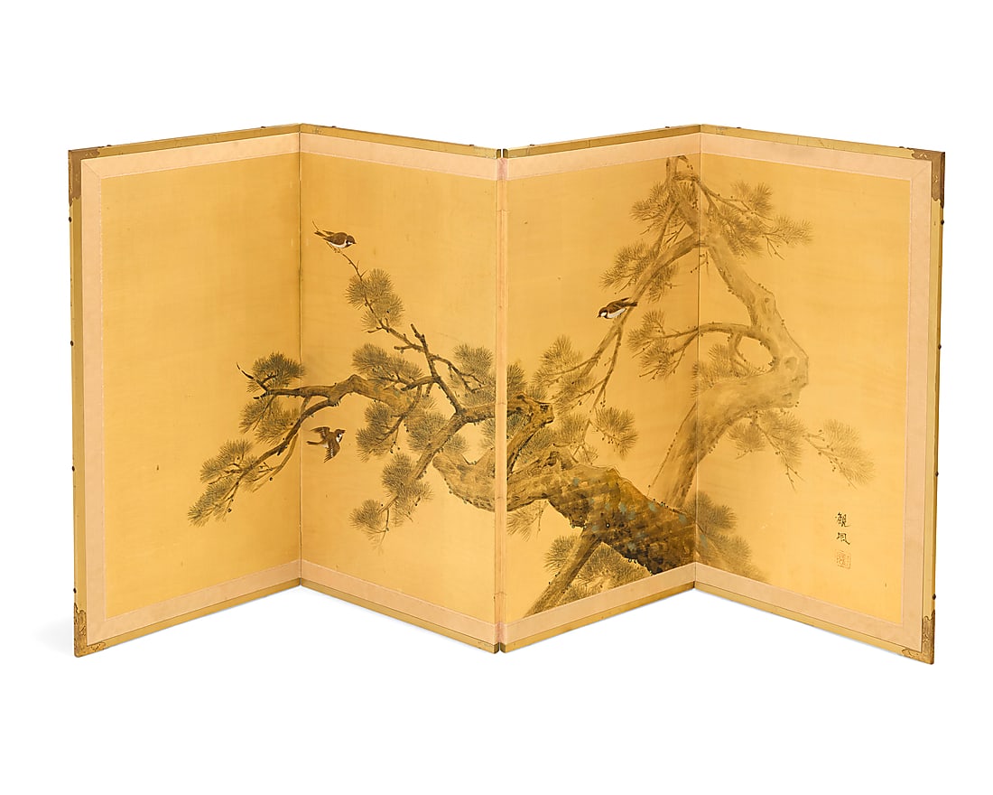A Japanese four panel byobu screen Late 20th century Signed at lower right with seal The painted (1 of 10)