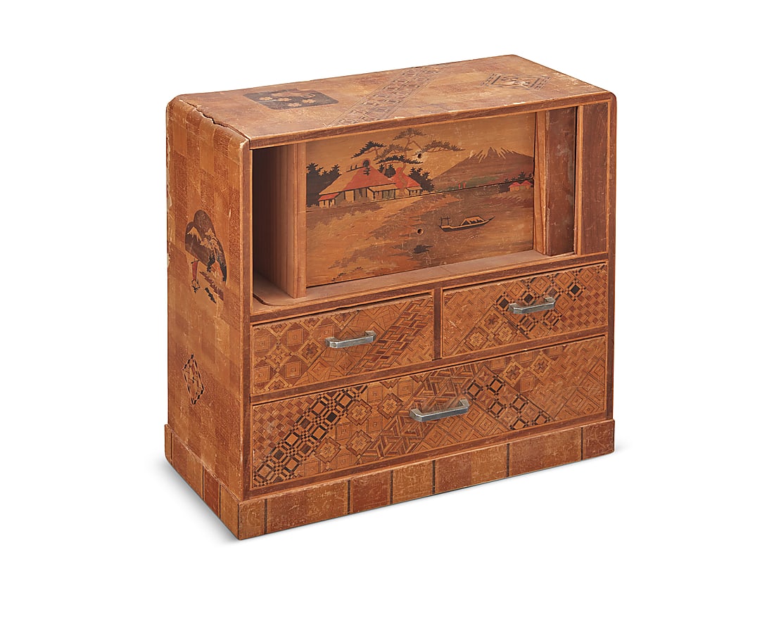 A Japanese marquetry display cabinet 19th/20th century With various drawers and a sliding tambour (1 of 3)