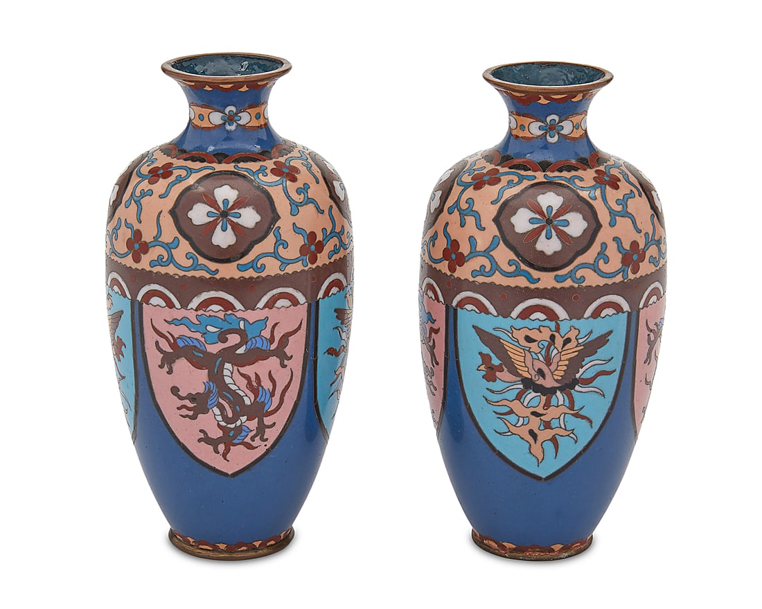 A pair of Japanese cloisonné vases Meiji Period (1868-1912) Each of baluster form with brass rim (1 of 3)
