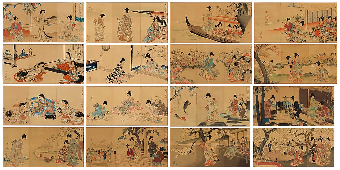 Yoshu (Hashimoto) Chikanobu (1838-1912) Sixteen scenes from the "Chiyoda Castle" (Album of Women): Yoshu (Hashimoto) Chikanobu (1838-1912) Sixteen scenes from the "Chiyoda Castle" (Album of Women) series, circa 1895 Each scene comprised of three related woodcuts in colors on paper joined together a