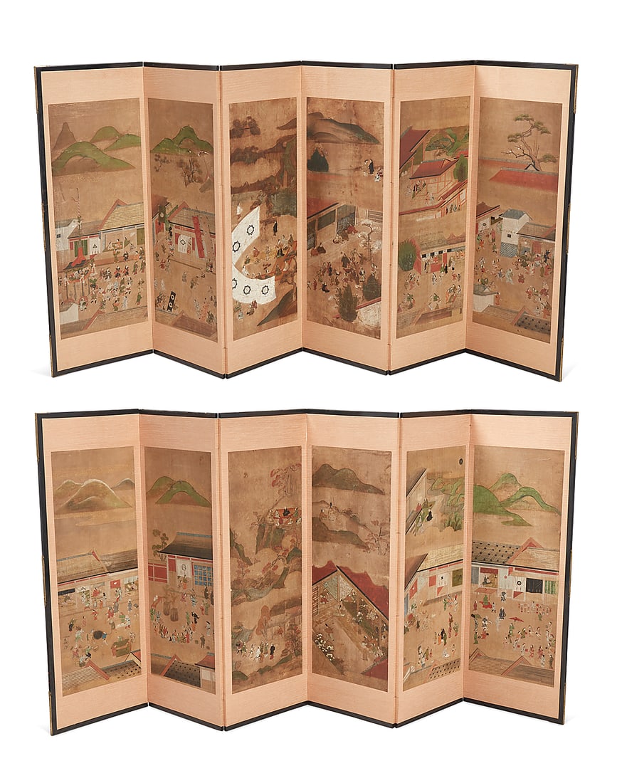 A pair of Japanese six panel screens The paintings Edo Period (1603-1868), possibly earlier The (1 of 15)