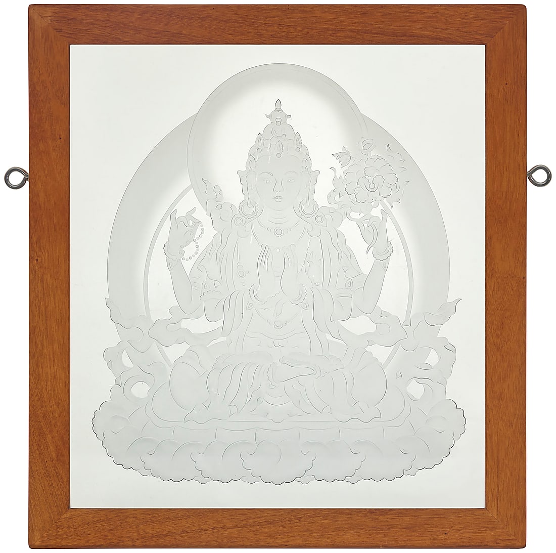 An etched glass panel of Guanyin Late 20th century Frosted glass panel set in a wood frame Image:: An etched glass panel of Guanyin Late 20th century Frosted glass panel set in a wood frame Image: 18" H x 16" W; Framed: 23.5" H x 21.5" W x 0.875" D Provenance: The Grace Family Collection, St. Helen