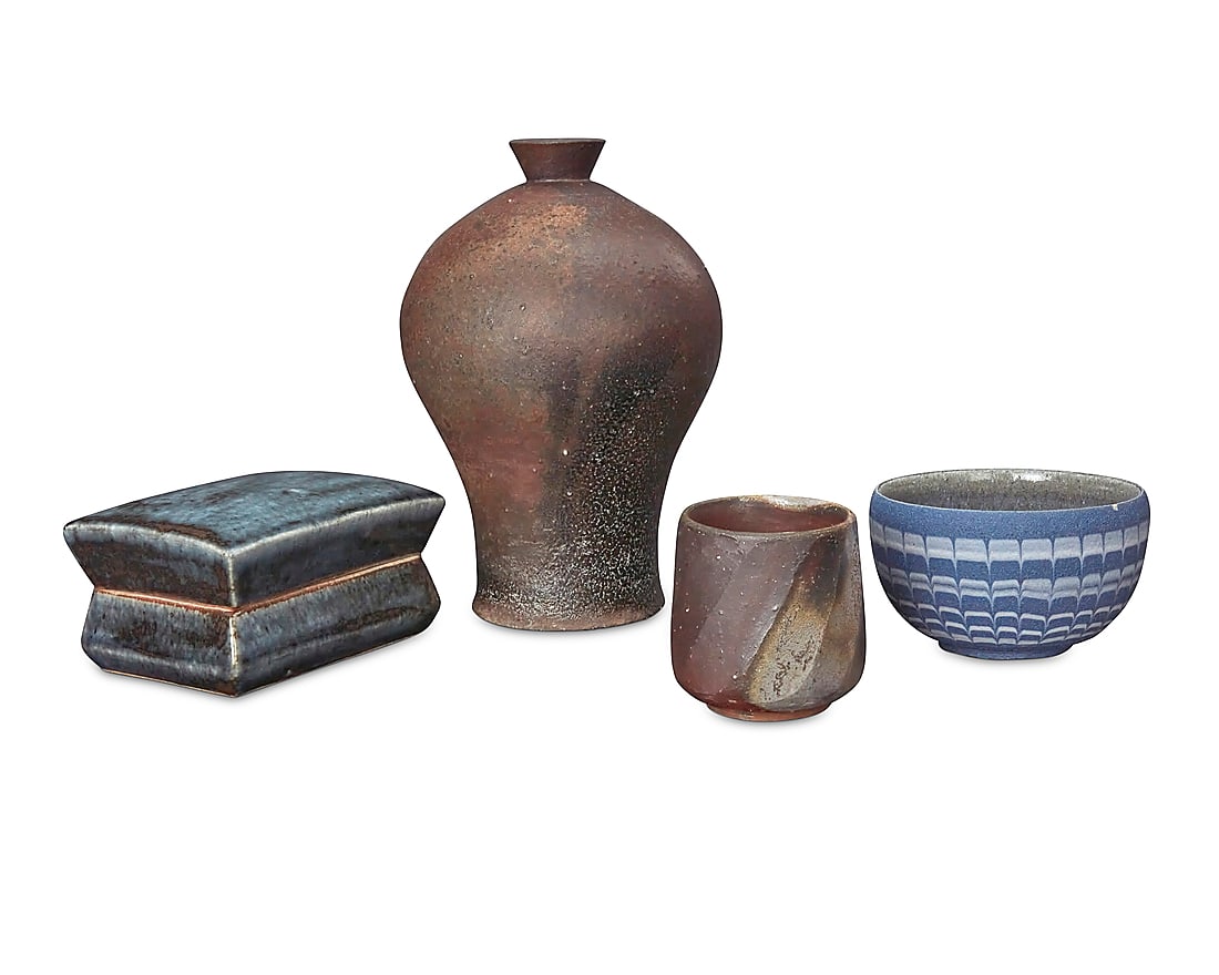A collection of fifteen Japanese studio stoneware vessels Late 20th century Some housed in custom: A collection of fifteen Japanese studio stoneware vessels Late 20th century Some housed in custom wood boxes, comprising: Cup by Fukuda Saiun Cup by Hayashi Kotaro Sake cup by Hoshino Teisai Teacup by